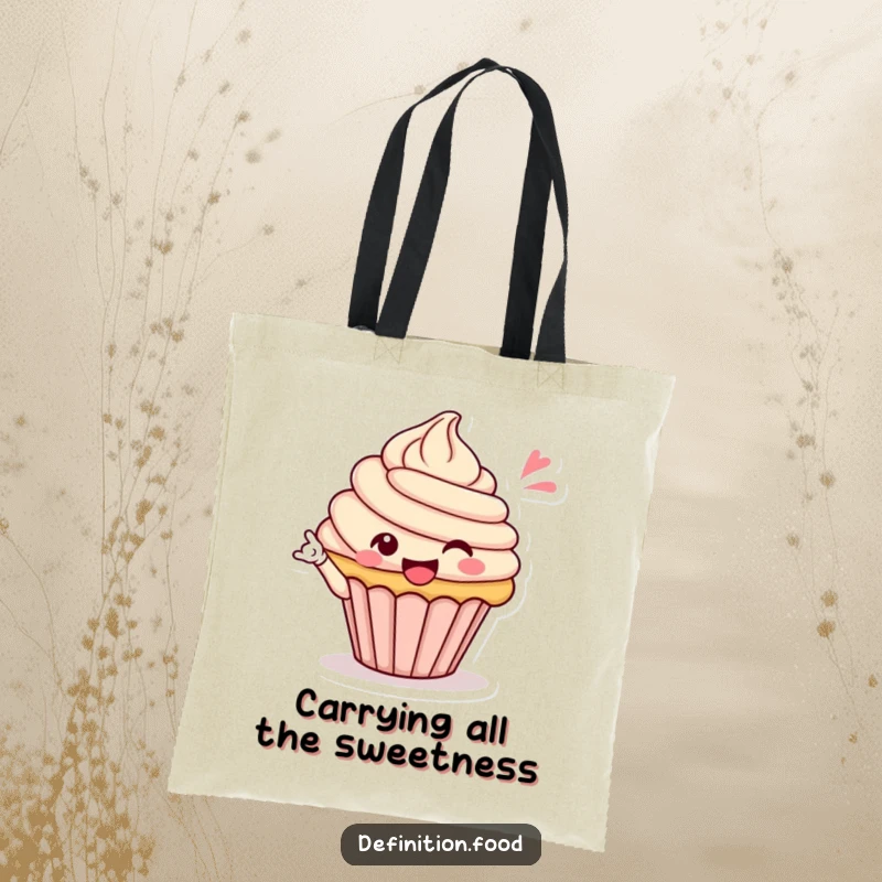 Funny tote bag with a happy cupcake character giving a celebratory wink, ideal for shopping and a touch of humor, a funny gift.