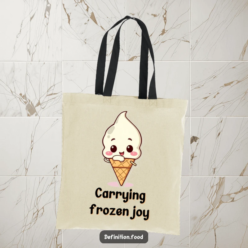 Funny ice cream tote bag with a happy ice cream cone character taking a triumphant bite, stylish for carrying.