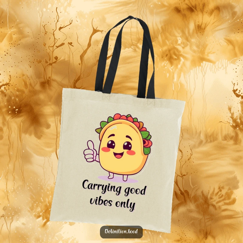 Funny taco tote bag featuring a smiling taco character giving a cheerful thumbs up, ideal for shopping and everyday use.