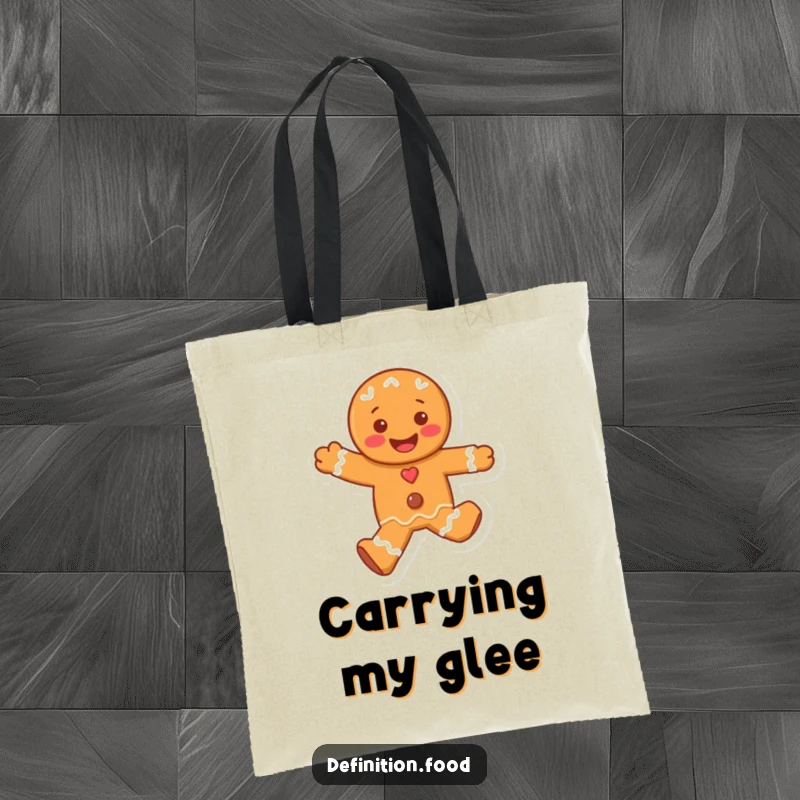Funny tote bag with a joyful, skipping gingerbread man character, designed to carry your belongings with a dash of festive cheer.
