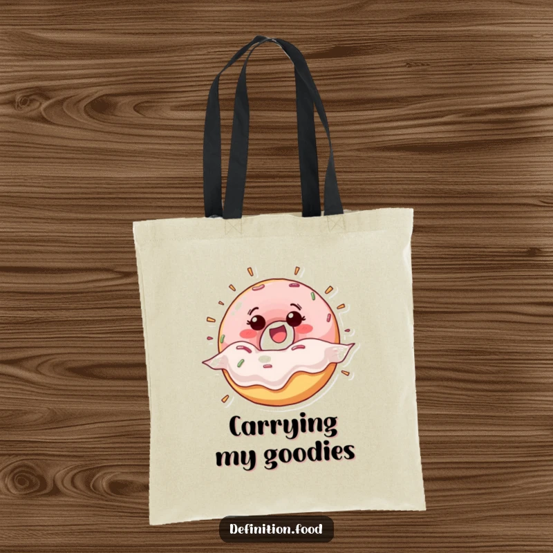 Funny happy donut character bursting from its wrapper on a tote bag, showcasing energy and joy for everyday use.