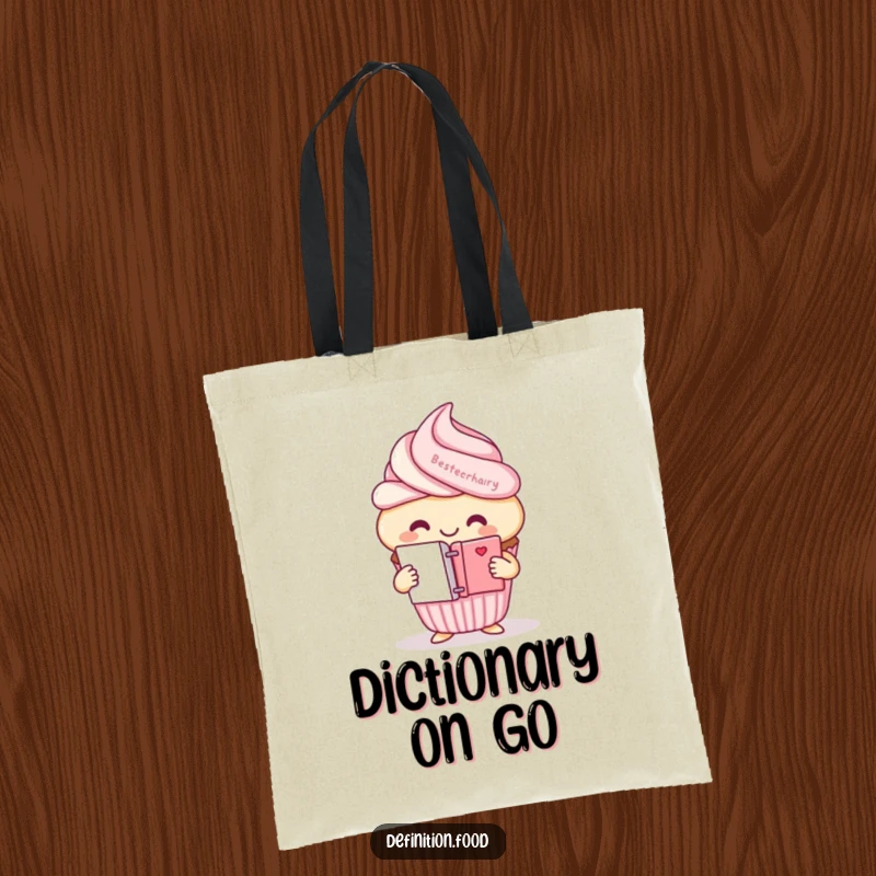 Funny cupcake character tote bag, holding a mini dictionary, perfect for carrying books.