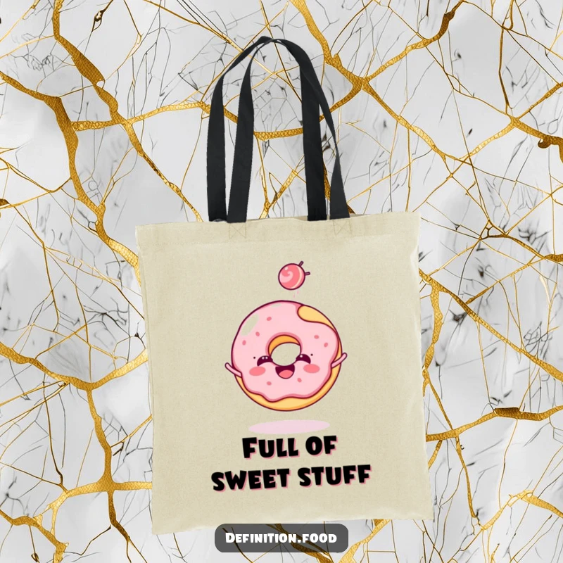 Funny donut tote bag with a cheerful donut character joyfully tossing a tiny candy, stylish for shopping.
