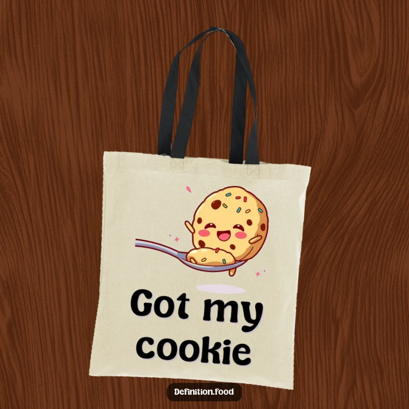 Funny tote bag with a cookie and sprinkles enthusiastically jumping from a spoon, great for shopping.