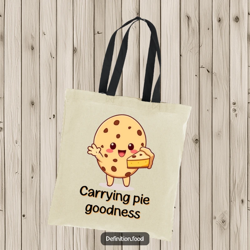 Funny cookie character offering a slice of pie on a tote bag, perfect for carrying items with a generous and sweet flair.