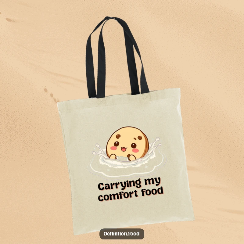 Funny cookie character comically swimming in milk, printed on a durable and humorous tote bag.