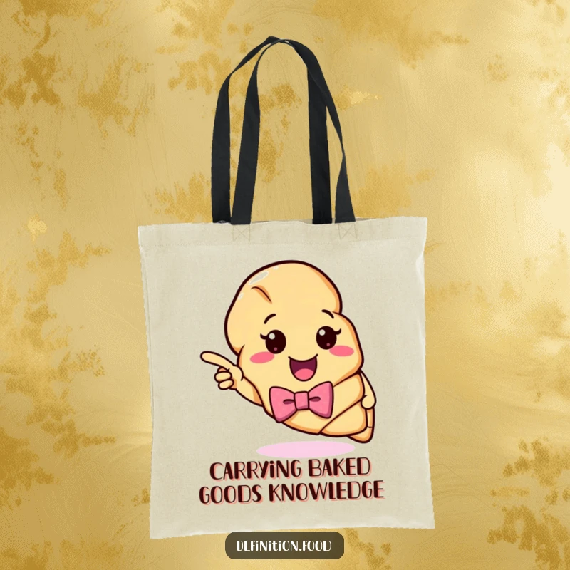 Funny Croissant Definition Tote Bag: A cheerful croissant character in a bow tie highlights a funny and colorful definition, ideal for shopping.