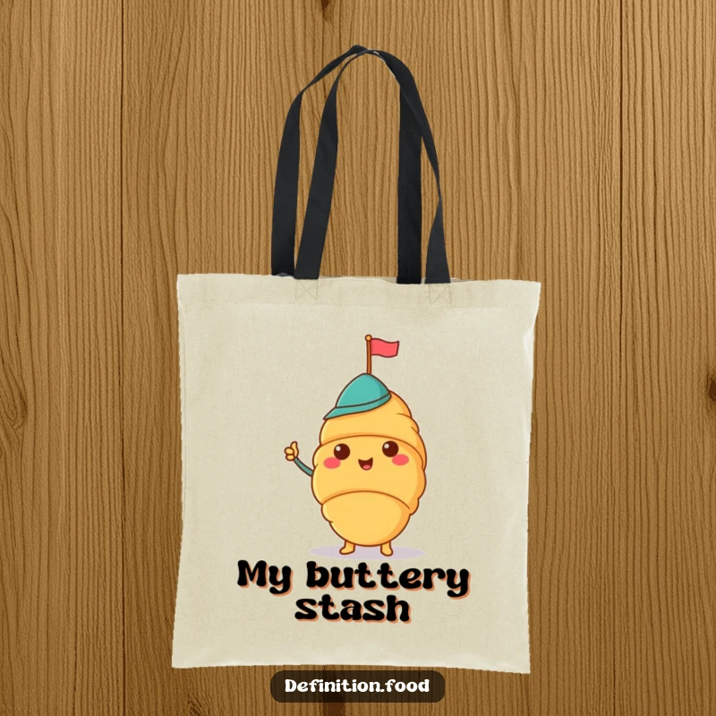 Funny tote bag with a cheerful croissant in a jaunty hat waving a tiny flag, great for shopping.