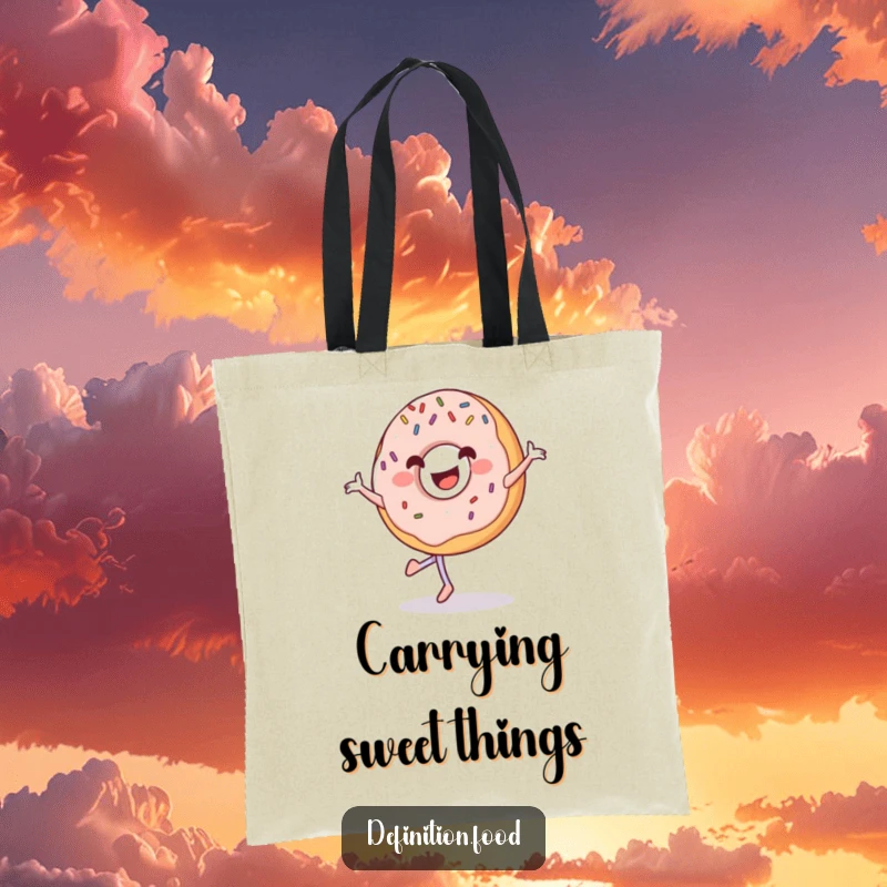 Funny donut tote bag with sprinkles, showing a grinning donut happily performing a sweet pirouette.