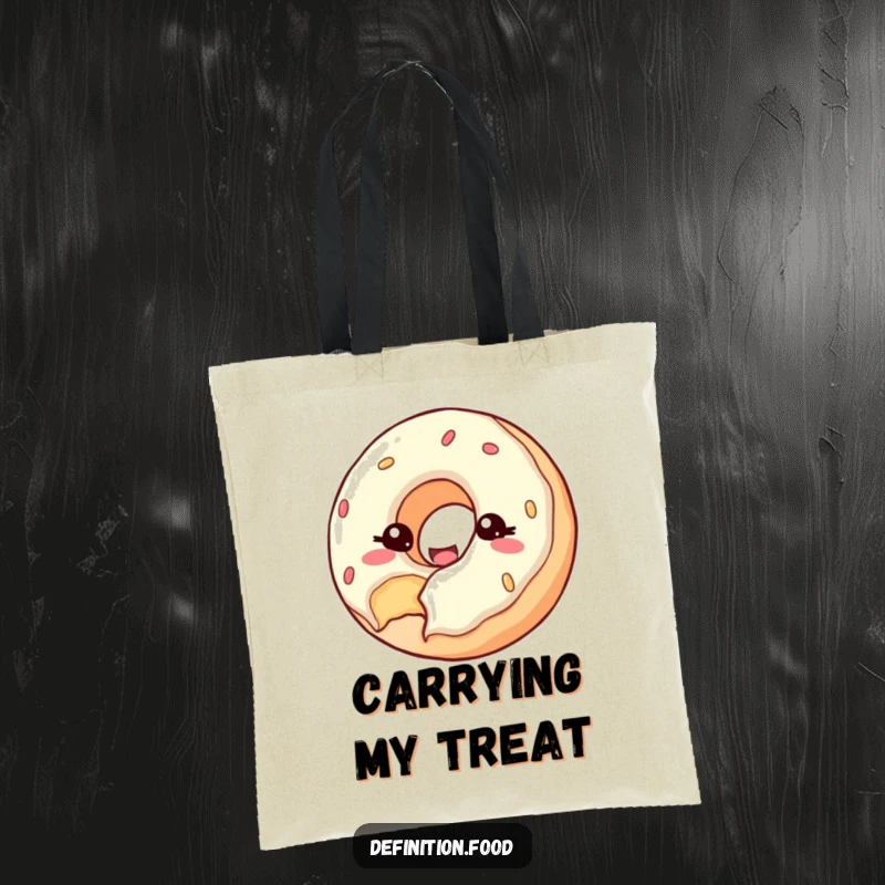 Funny tote bag with a happy donut with a bite taken out, winking at the viewer, great for shopping.