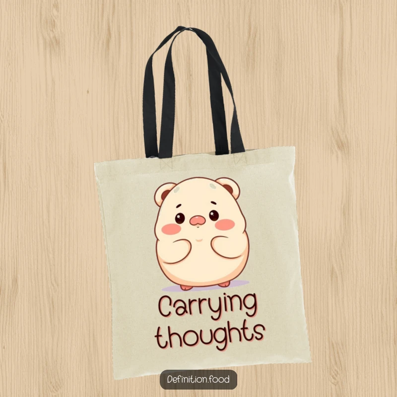 Funny dumpling character tote bag, looking thoughtful, great for carrying essentials.