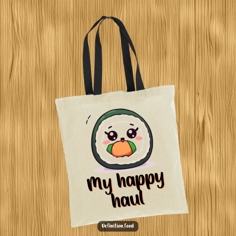 Funny cute sushi roll tote bag featuring a wide-eyed sushi roll in a state of excited, dizzying spin.