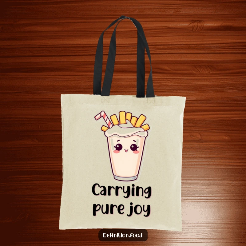 Funny tote bag illustrating a curious french fry character emerging from a milkshake, a delightful snack combination.