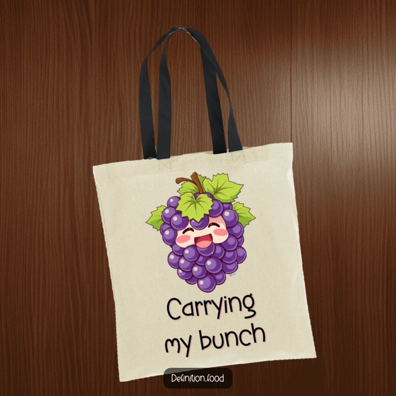 Funny Tote Bag showcasing a giggling bunch of grapes bursting with joy, a humorous and practical accessory for daily use.