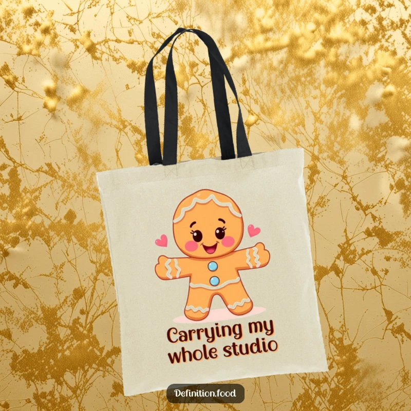 Funny joyful gingerbread man drawing a whimsical food illustration on a tote bag, ideal for carrying art supplies or groceries.