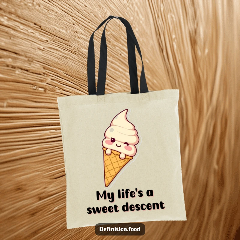 Funny ice cream cone character gleefully sliding down a waffle cone, printed boldly on a durable and humorous tote bag.