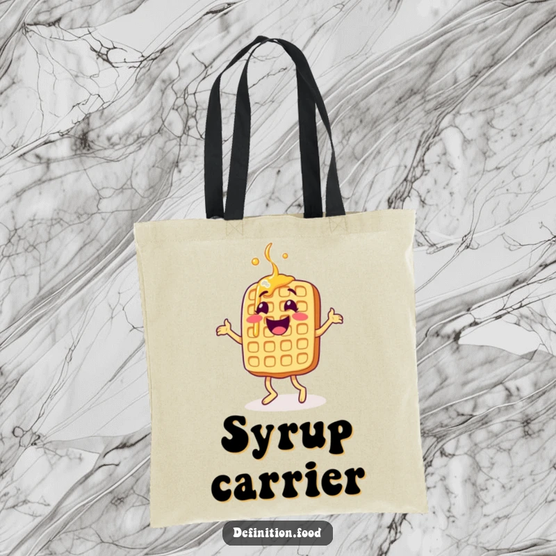 Funny waffle tote bag, a happy character doing a delightful jig, perfect for shopping, a fun and funny gift.