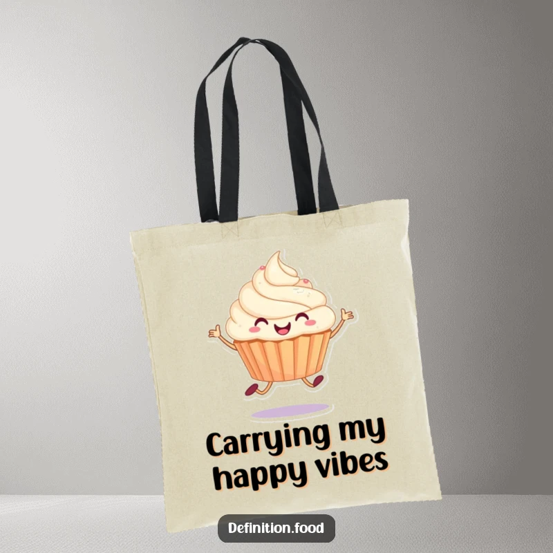 Funny tote bag featuring a joyful cupcake character captured in a sweet, energetic hop, ready to carry your belongings.