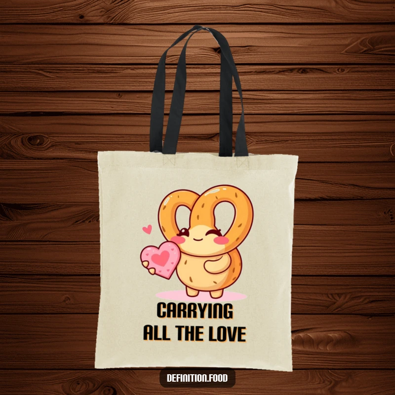 Funny pretzel character winking, offering a heart cookie on a durable tote bag, perfect for grocery shopping with a humorous twist.
