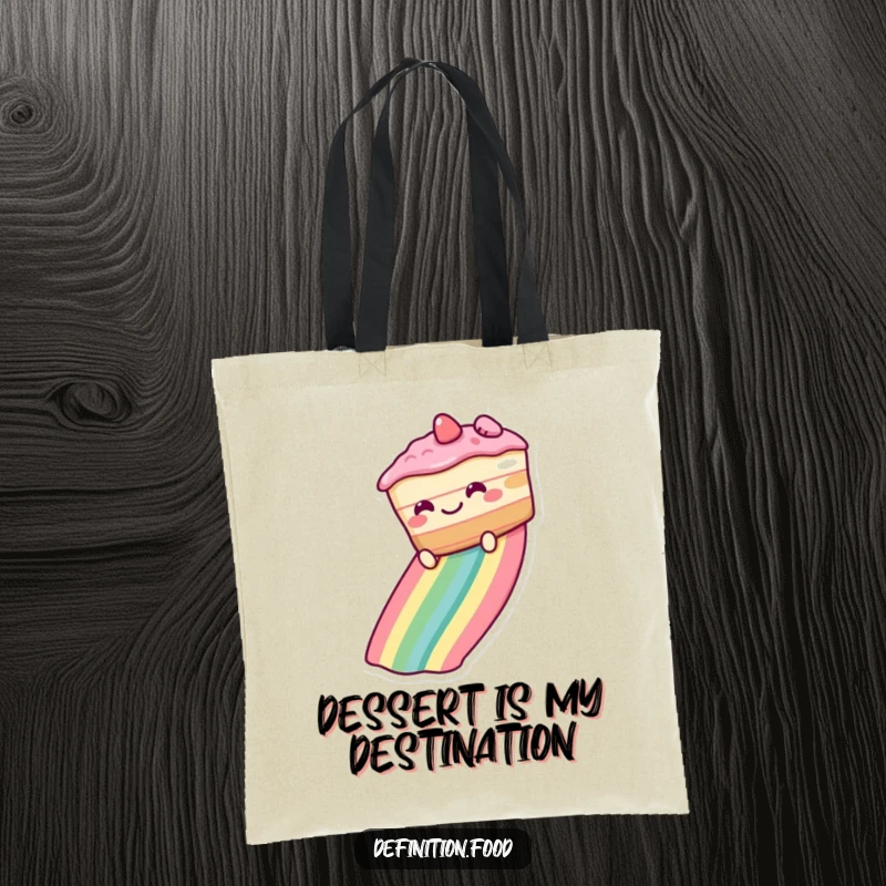 Funny Tote Bag featuring a grinning cake joyfully descending a rainbow, a practical and humorous accessory for any occasion.