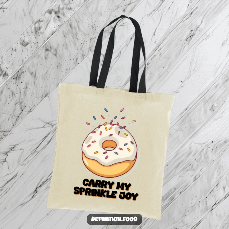 Funny tote bag illustration of a doughnut character joyfully emitting a cascade of sprinkles from its head, ready for shopping.