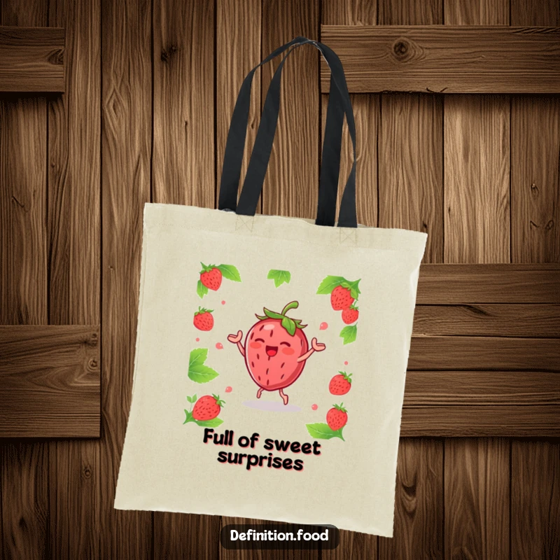 Funny joyous strawberry character doing a happy dance with leaves, printed on a durable and humorous tote bag.