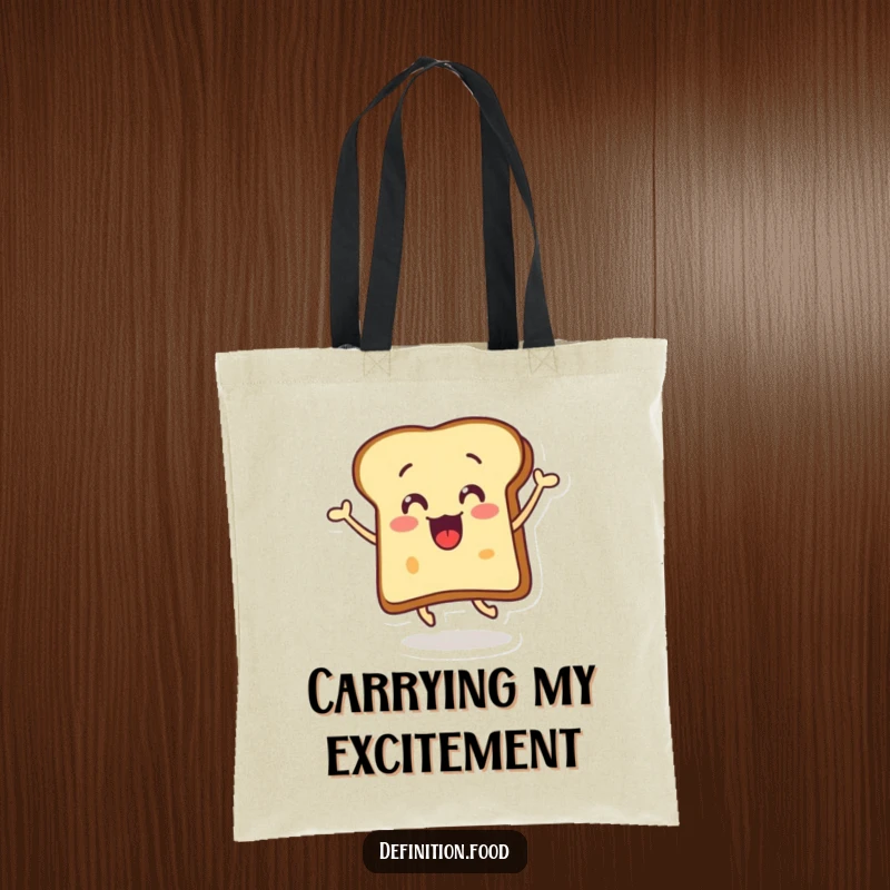 Funny surprised toast tote bag depicting a cheerful, buttered toast slice in mid-air, leaping joyfully.
