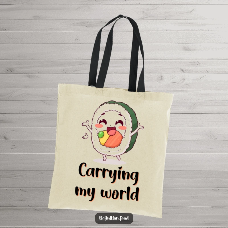 Funny sushi tote bag with a delighted sushi roll character performing a happy pirouette, stylish for shopping.