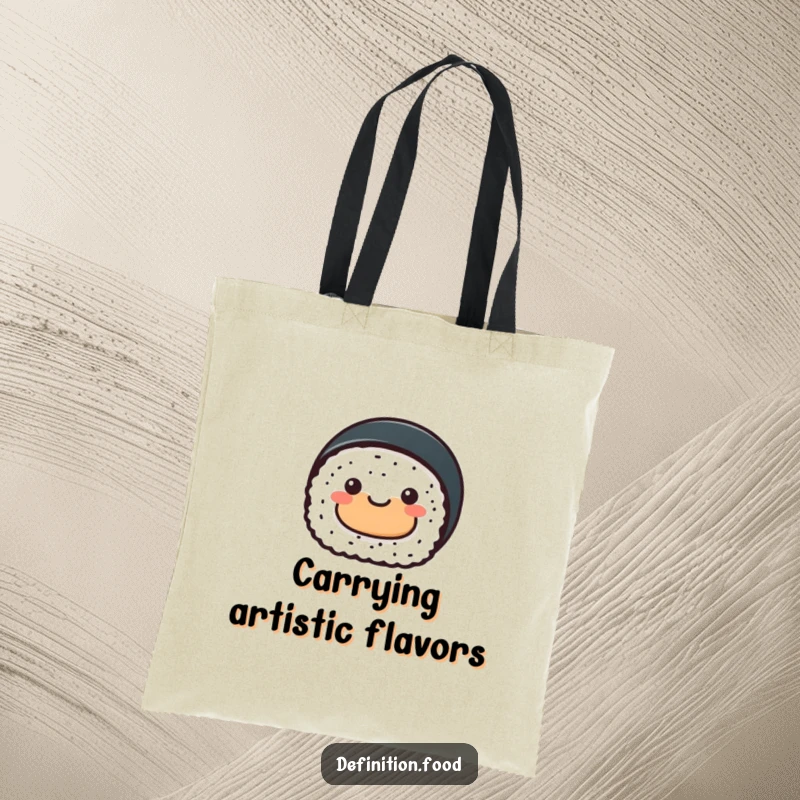 Funny sushi roll tote bag, featuring a cheerful sushi character presenting an abstract food shape, great for shopping.