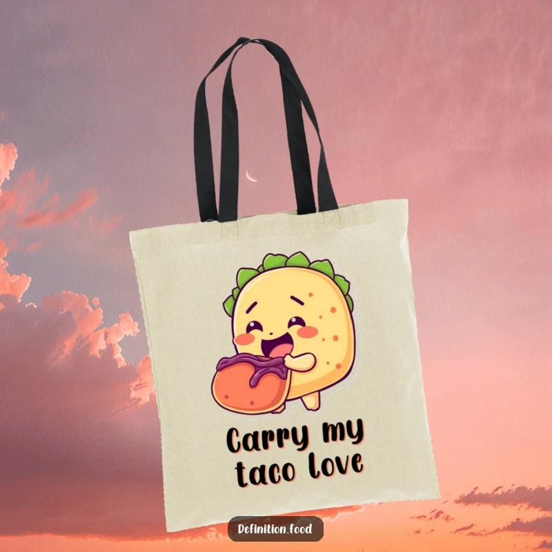 Funny tote bag illustration of a happy taco character taking a huge bite out of another taco, ready for errands.