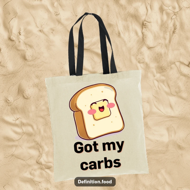 Funny Tote Bag showcasing a slice of toast with butter wiggling with joy, a humorous and practical accessory.