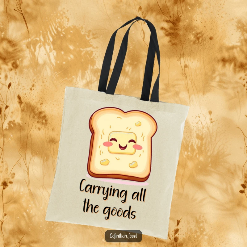 Funny toast and butter tote bag, wiggling with glee, perfect for carrying items with breakfast humor. Great funny gift.