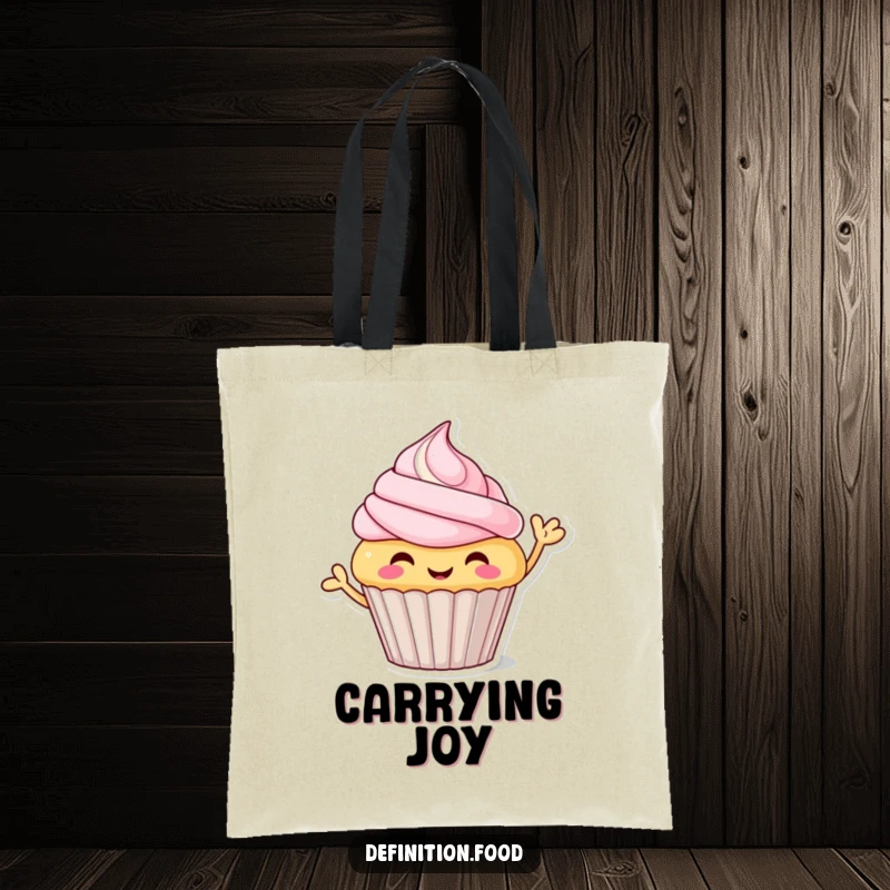 Funny cupcake tote bag with a friendly waving character on it, perfect for shopping, a stylish and funny gift.