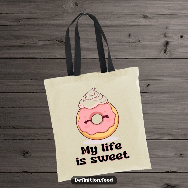 Funny tote bag featuring a winking donut with whipped cream, a cute and humorous accessory for carrying everyday items.