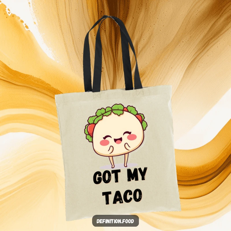 Funny tote bag featuring a smiling taco with tiny legs, winking and holding out a bite, a comical and friendly accessory.