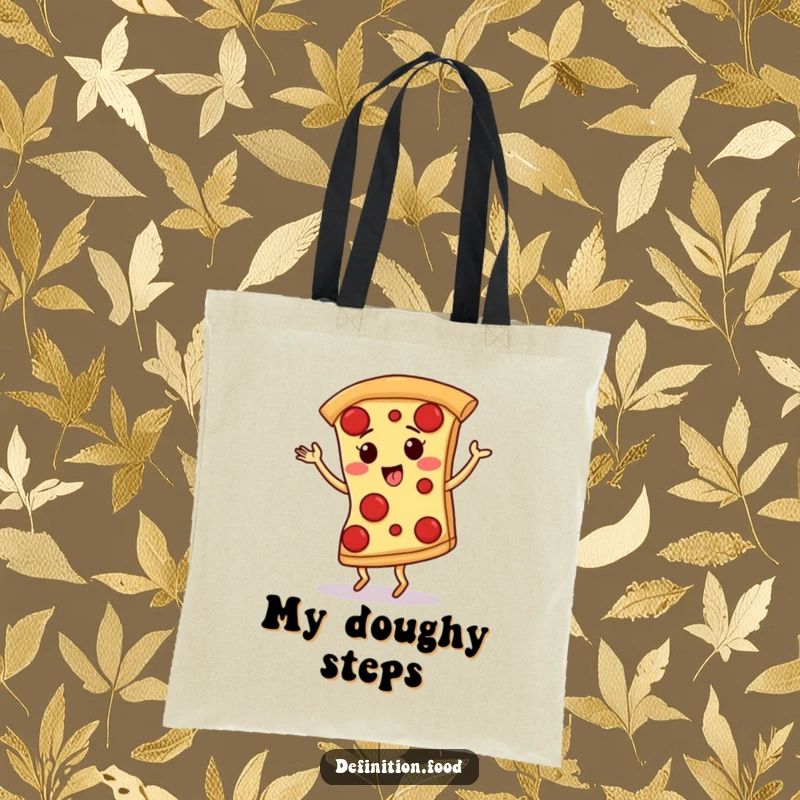 Funny tote bag featuring a giggling pizza slice with pepperoni spots dancing a passionate tango, perfect for errands.