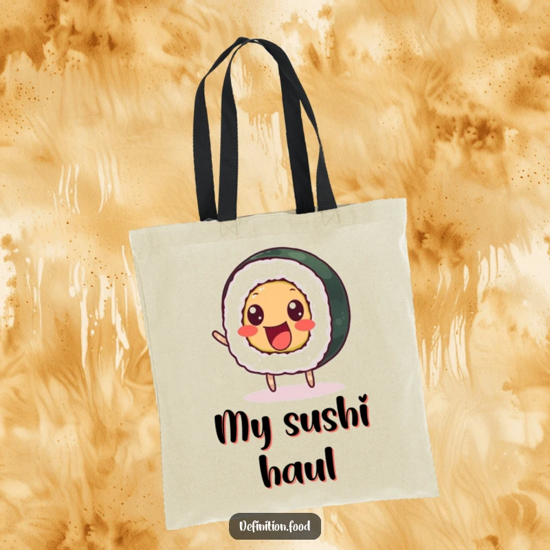 Funny tote bag with a delighted sushi roll and beady eyes bouncing happily, great for shopping.