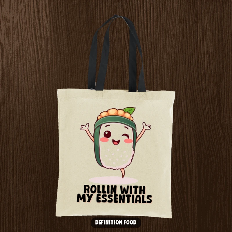 Funny tote bag illustration of a smiling sushi character performing a joyful dance, perfect for carrying essentials with a playful spirit.