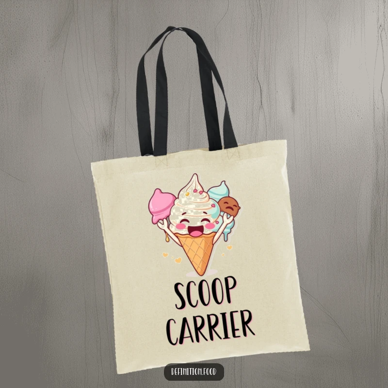 Funny ice cream tote bag, a gleeful character cheering loudly with multiple scoops, perfect for shopping, a fun funny gift.
